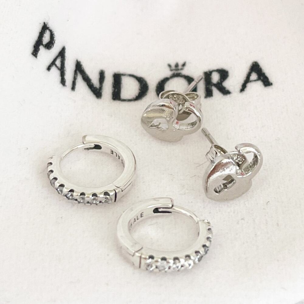 PANDORA BUNDLE (2) Sets of Pierced Earrings Huggie Hoops & Heart Studs Sterling